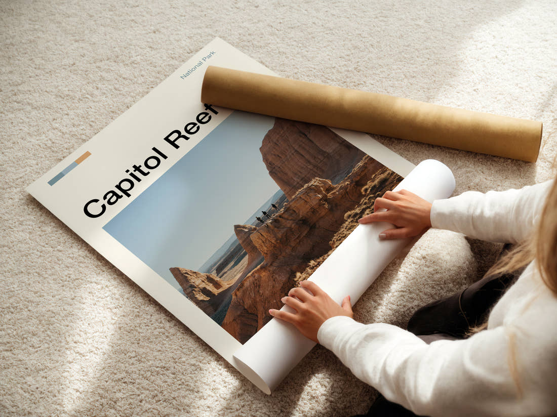 Capitol Reef Sandstone Rock Formation Travel Print being unrolled from its postal tube