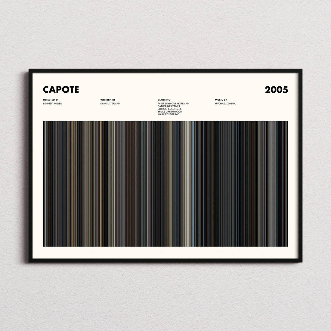 Capote Movie Barcode Poster framed and photographed straight on