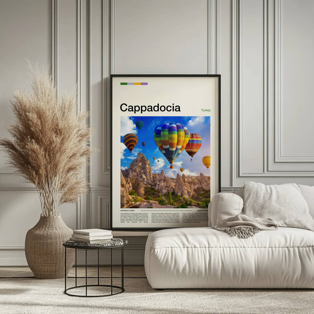 Cappadocia Hot Air Balloons Travel Print framed on the wall of a calm, neutral bedroom