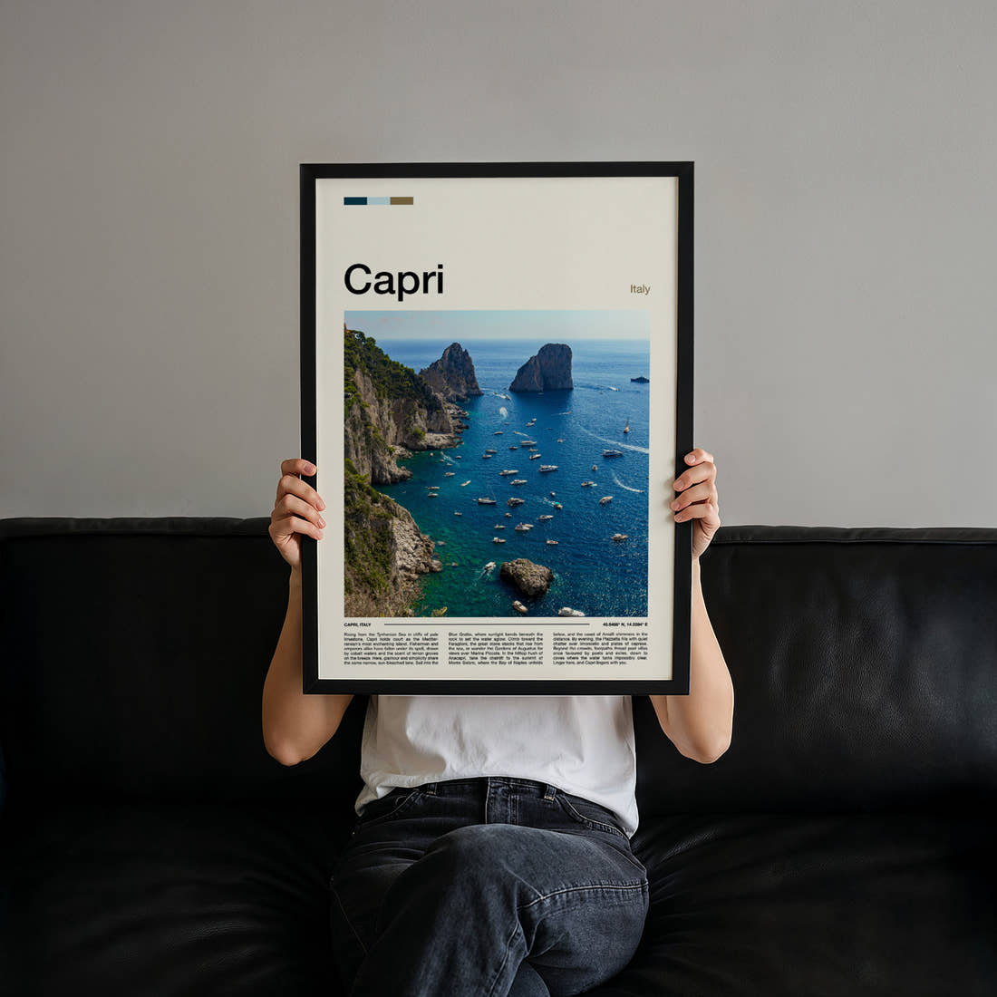 Capri Faraglioni Sea Stacks Travel Print held up by hand to show the size of the print