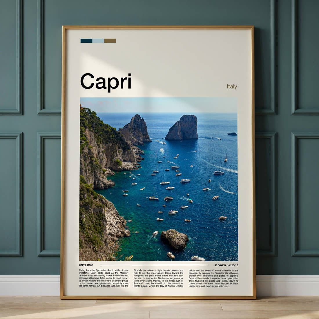 Capri Faraglioni Sea Stacks Travel Print framed on the wall of a calm, neutral bedroom