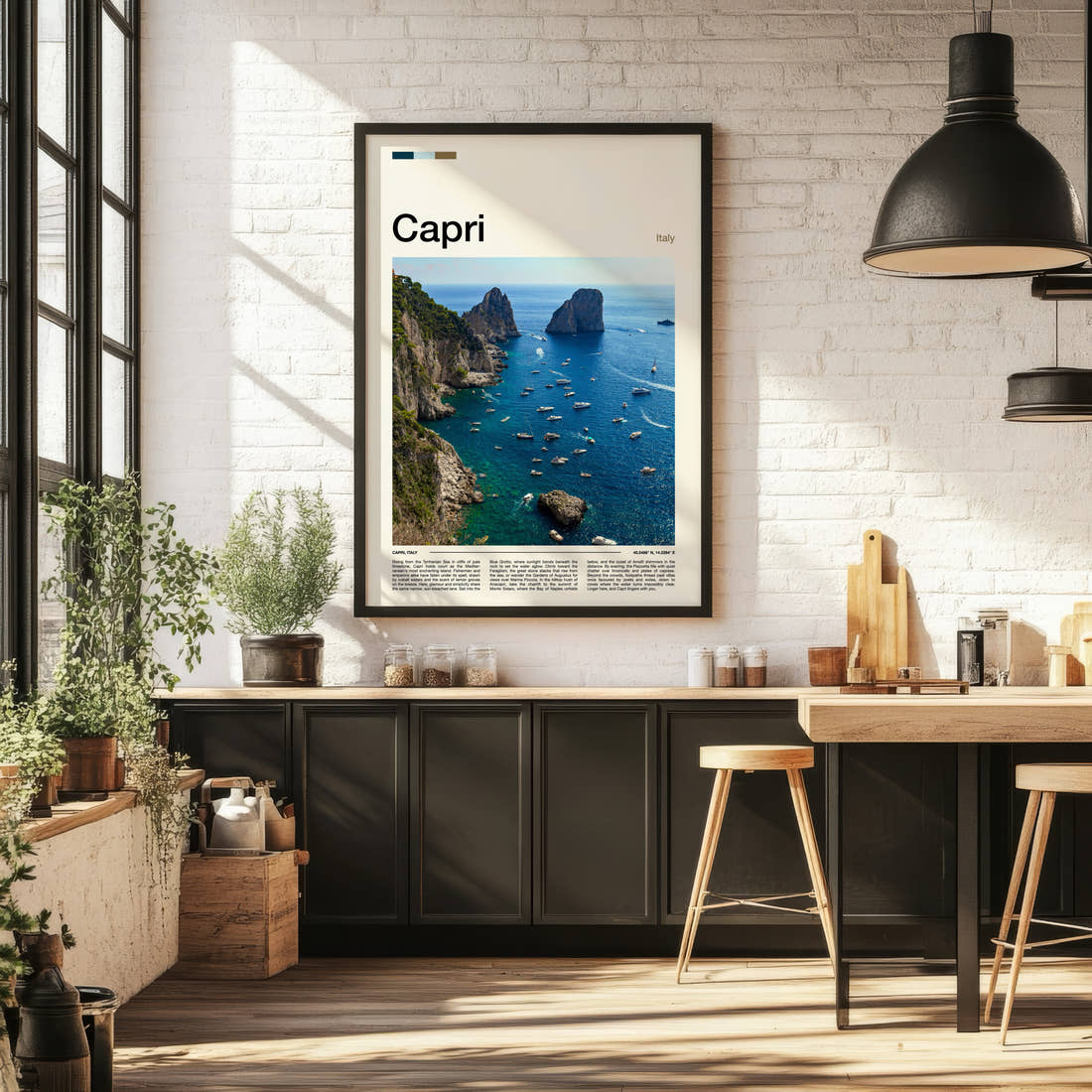 Capri Faraglioni Sea Stacks Travel Print framed on the wall of a bright kitchen and dining space