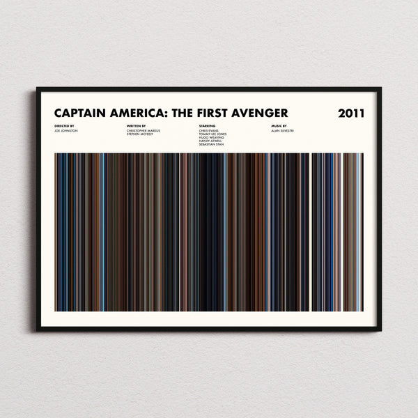 Captain America the First Avenger Movie Barcode Poster framed and photographed straight on