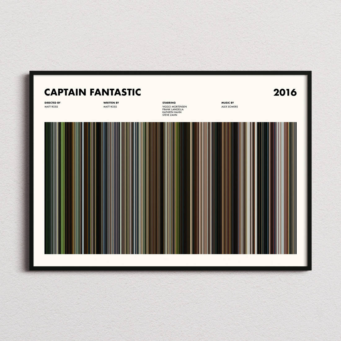 Captain Fantastic Movie Barcode Poster framed and photographed straight on
