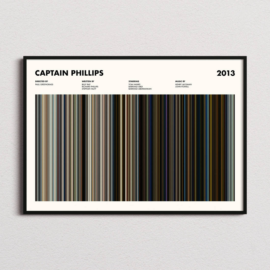 Captain Phillips Movie Barcode Poster framed and photographed straight on