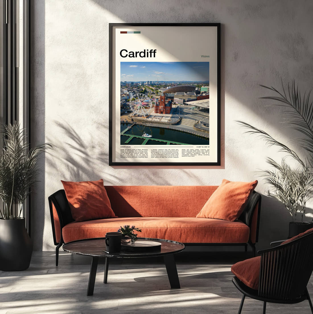Cardiff Aerial View Of The Bay Travel Print framed on the wall of a modern living room