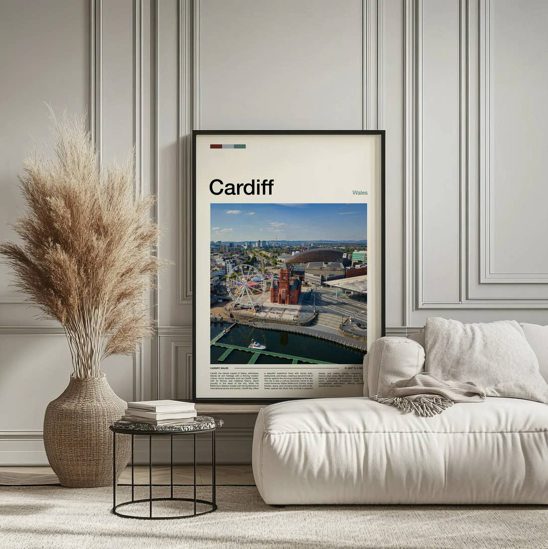 Cardiff Aerial View Of The Bay Travel Print framed on the wall of a calm, neutral bedroom