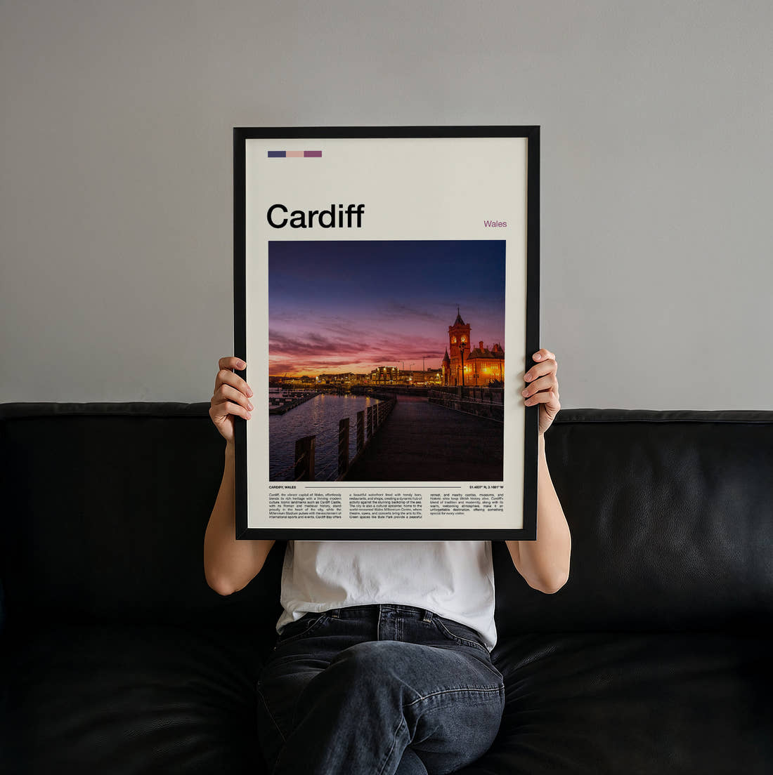 Cardiff Pierhead Building Travel Print held up by hand to show the size of the print