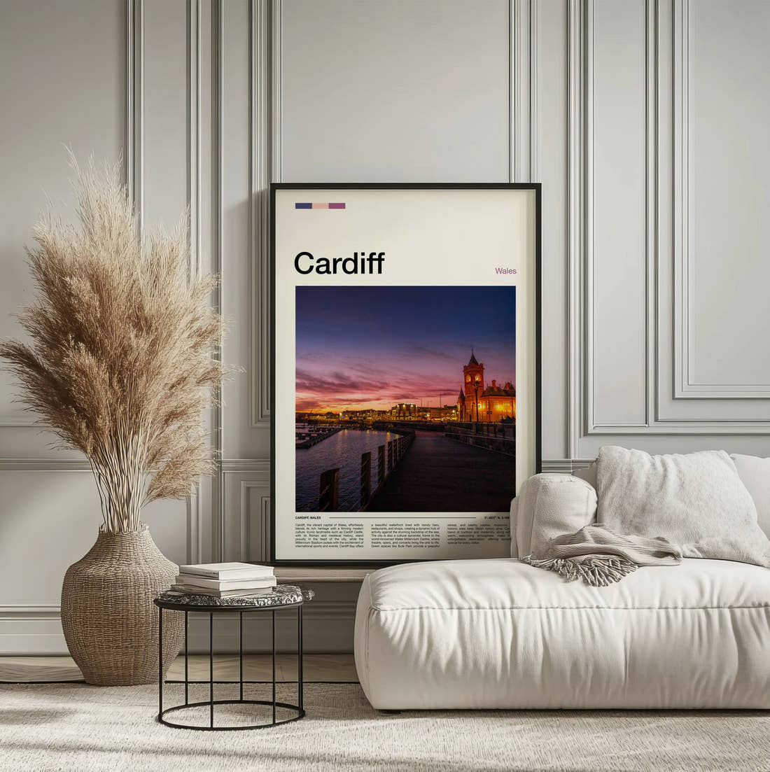 Cardiff Pierhead Building Travel Print framed on the wall of a calm, neutral bedroom