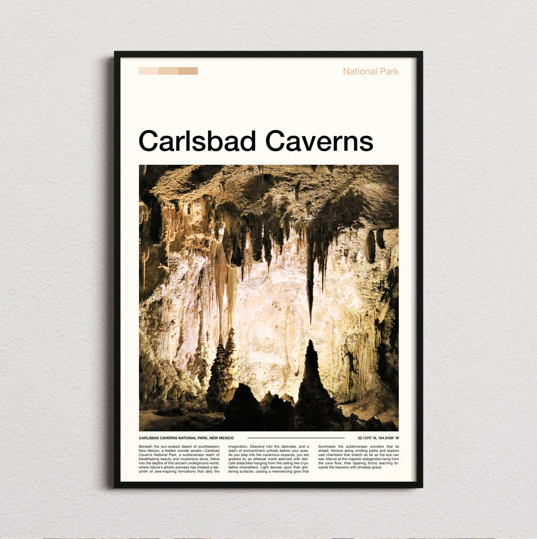 Carlsbad Caverns Stalactites And Stalagmites Travel Print framed and photographed straight on