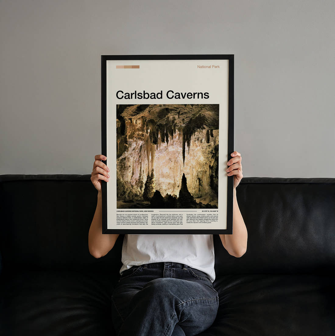 Carlsbad Caverns Stalactites And Stalagmites Travel Print held up by hand to show the size of the print