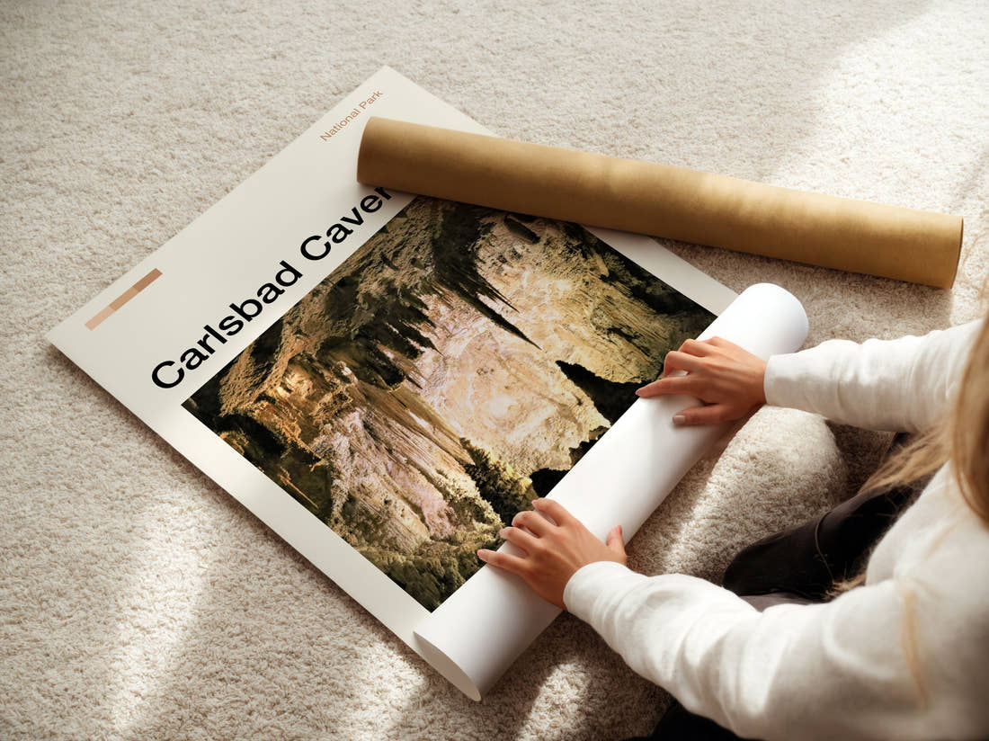 Carlsbad Caverns Stalactites And Stalagmites Travel Print being unrolled from its postal tube