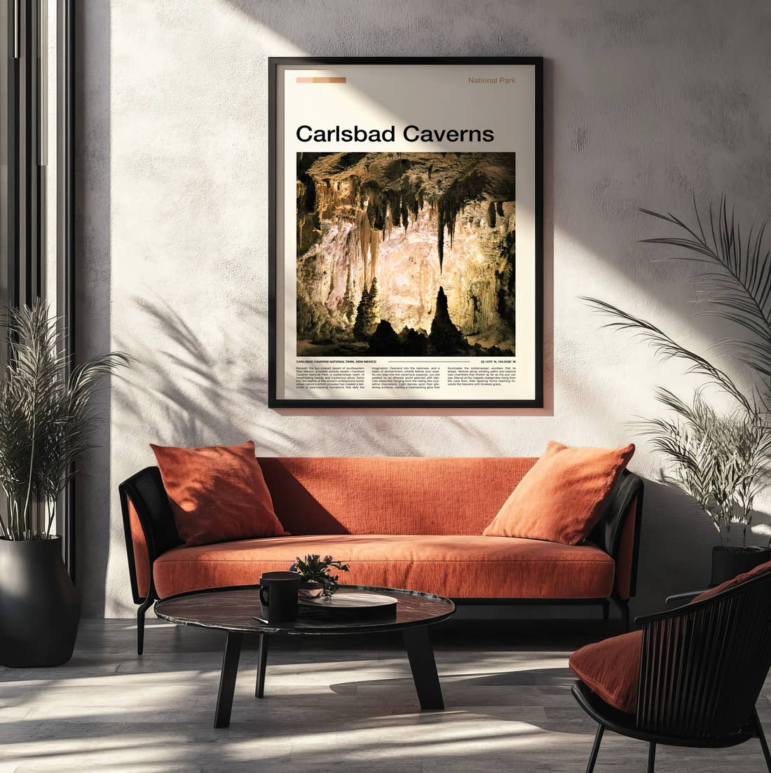 Carlsbad Caverns Stalactites And Stalagmites Travel Print framed on the wall of a modern living room