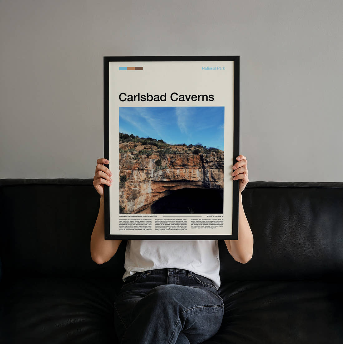 Carlsbad Caverns Cave Entrance Travel Print held up by hand to show the size of the print