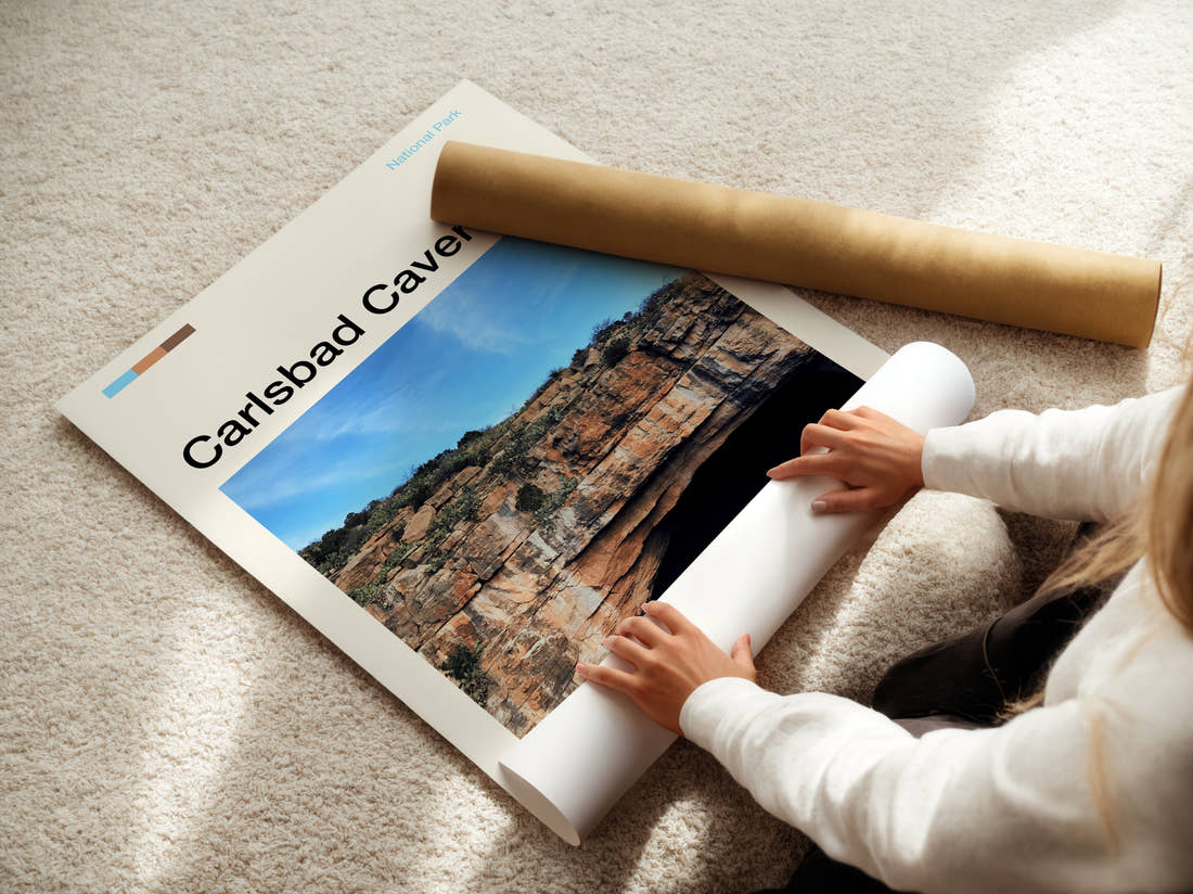 Carlsbad Caverns Cave Entrance Travel Print being unrolled from its postal tube