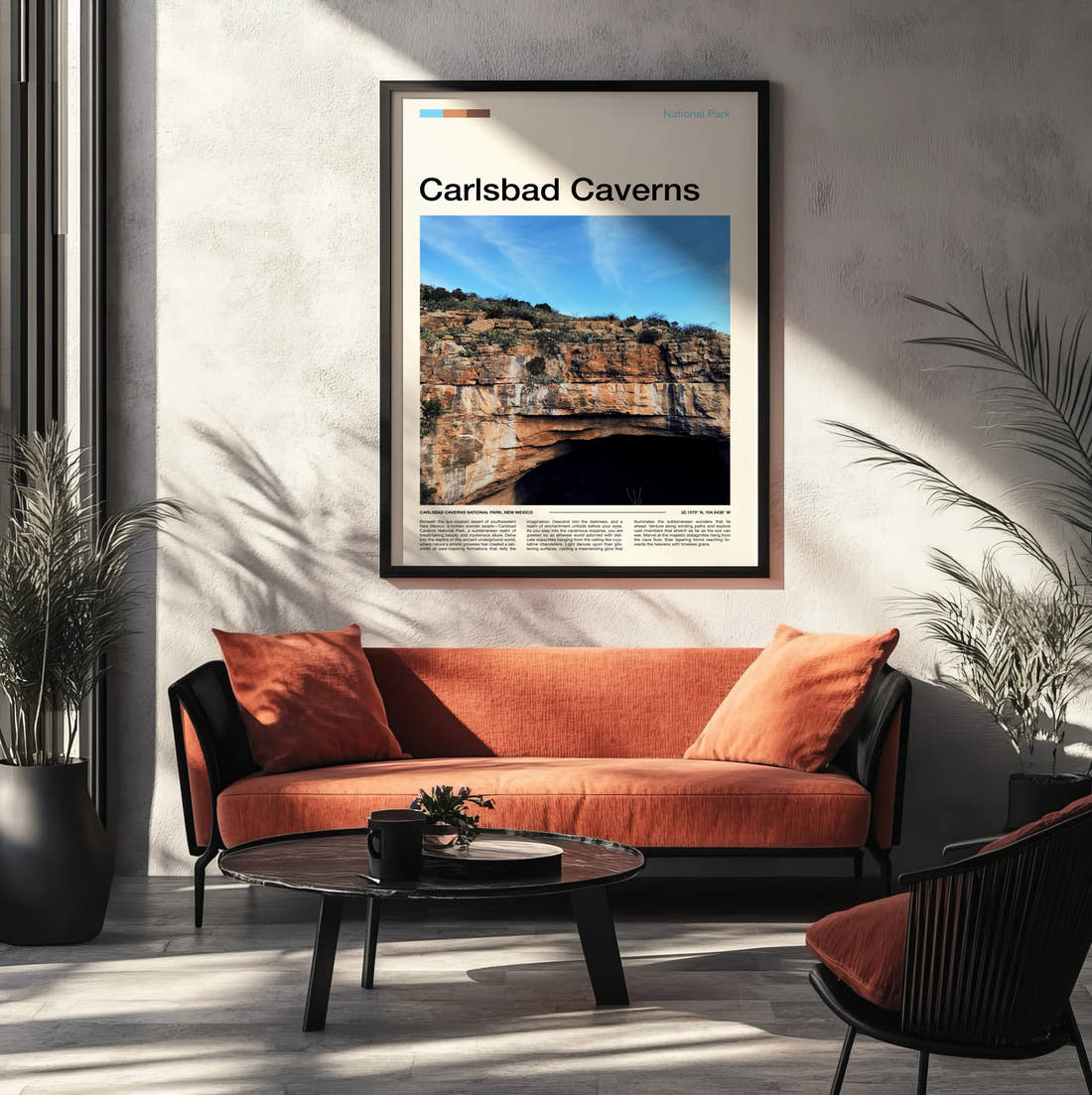 Carlsbad Caverns Cave Entrance Travel Print framed on the wall of a modern living room