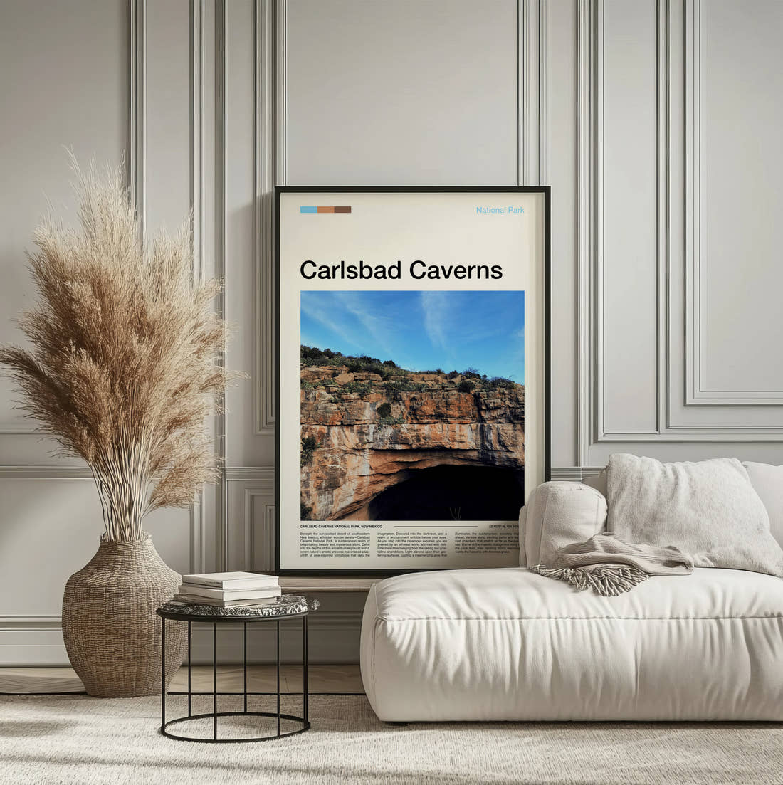 Carlsbad Caverns Cave Entrance Travel Print framed on the wall of a calm, neutral bedroom