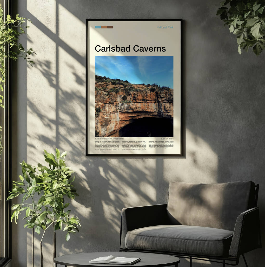 Carlsbad Caverns Cave Entrance Travel Print framed on the wall of a relaxed living room