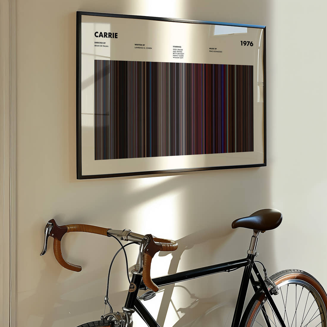 Carrie Movie Barcode Poster framed on the wall of a styled room setting