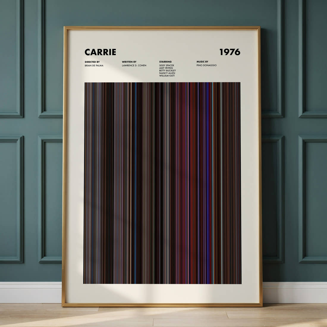 Carrie Movie Barcode Poster framed and leaning against a panelled wall