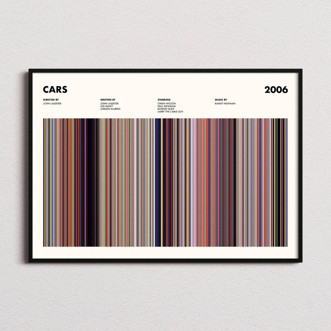 Cars Movie Barcode Poster framed and photographed straight on