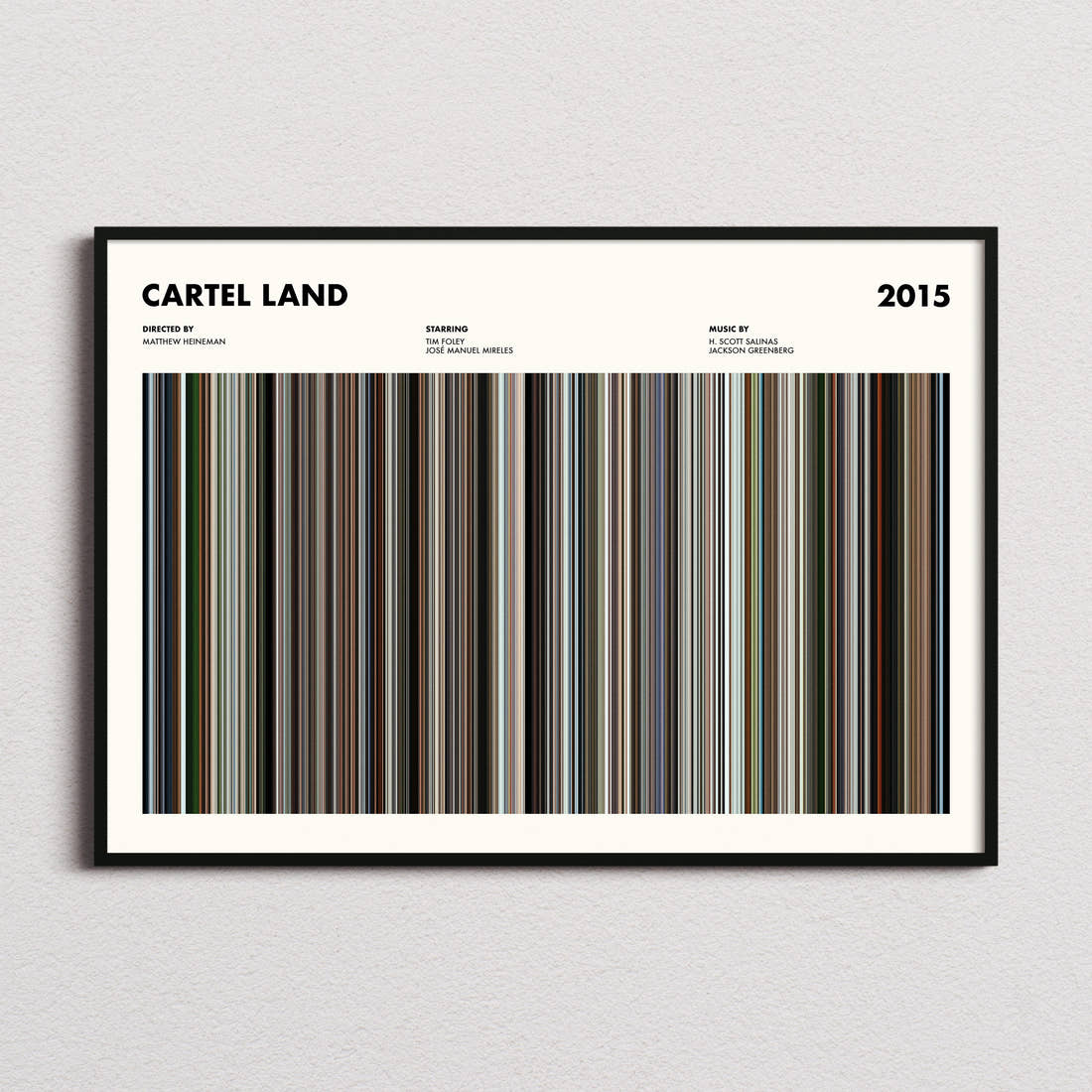 Cartel Land Movie Barcode Poster framed and photographed straight on