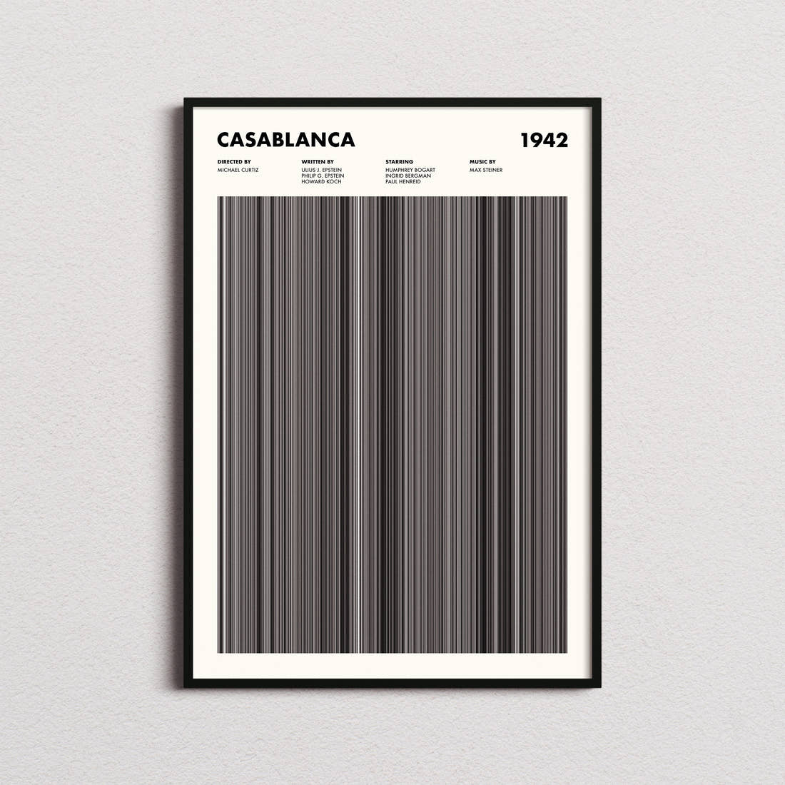 Casablanca Movie Barcode Poster framed on a plain studio wall