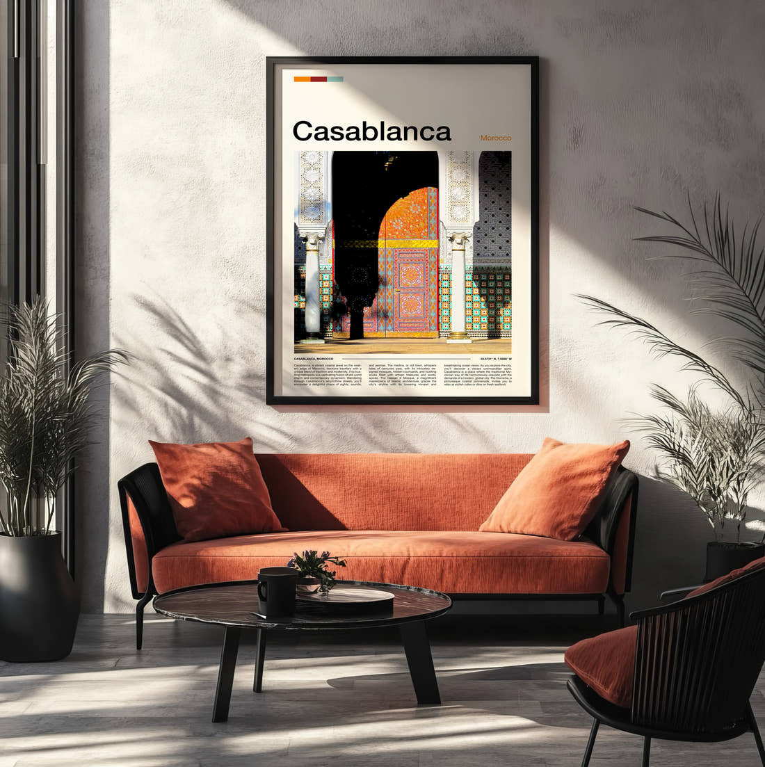 Casablanca Ornate Doorway Travel Print framed on the wall of a modern living room