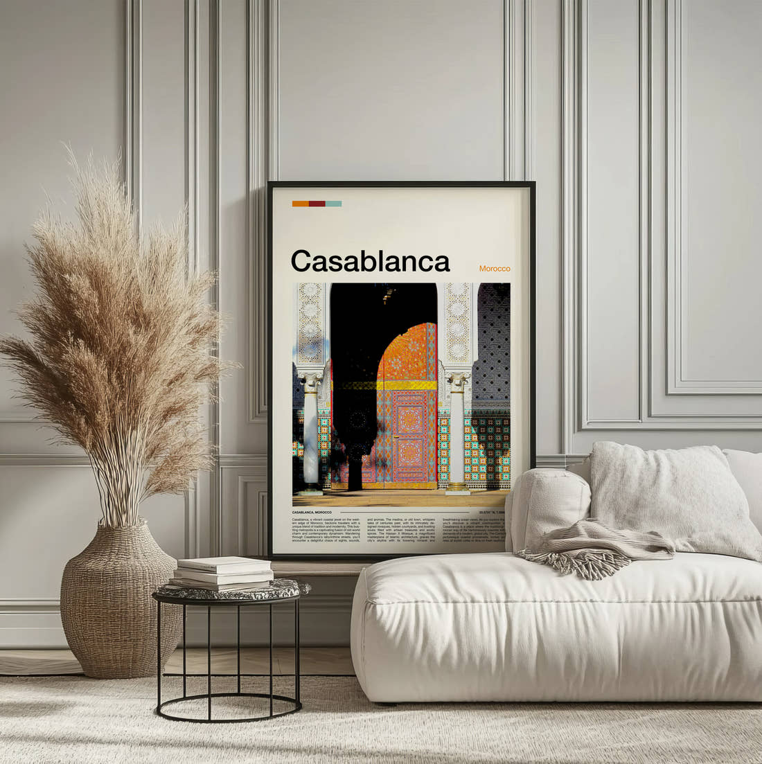 Casablanca Ornate Doorway Travel Print framed on the wall of a calm, neutral bedroom