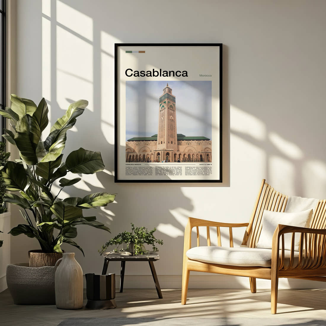 Casablanca Hassan II Mosque Travel Print framed on a pale wall beside houseplants