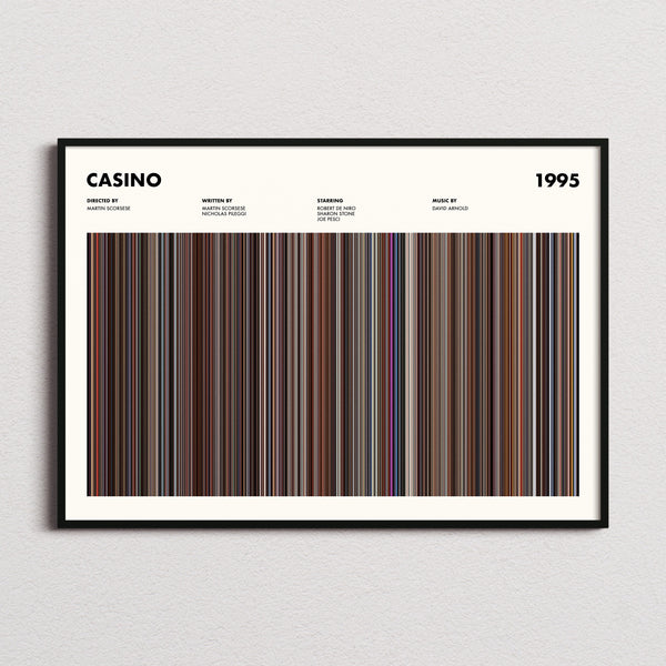 Casino Movie Barcode Poster framed and photographed straight on