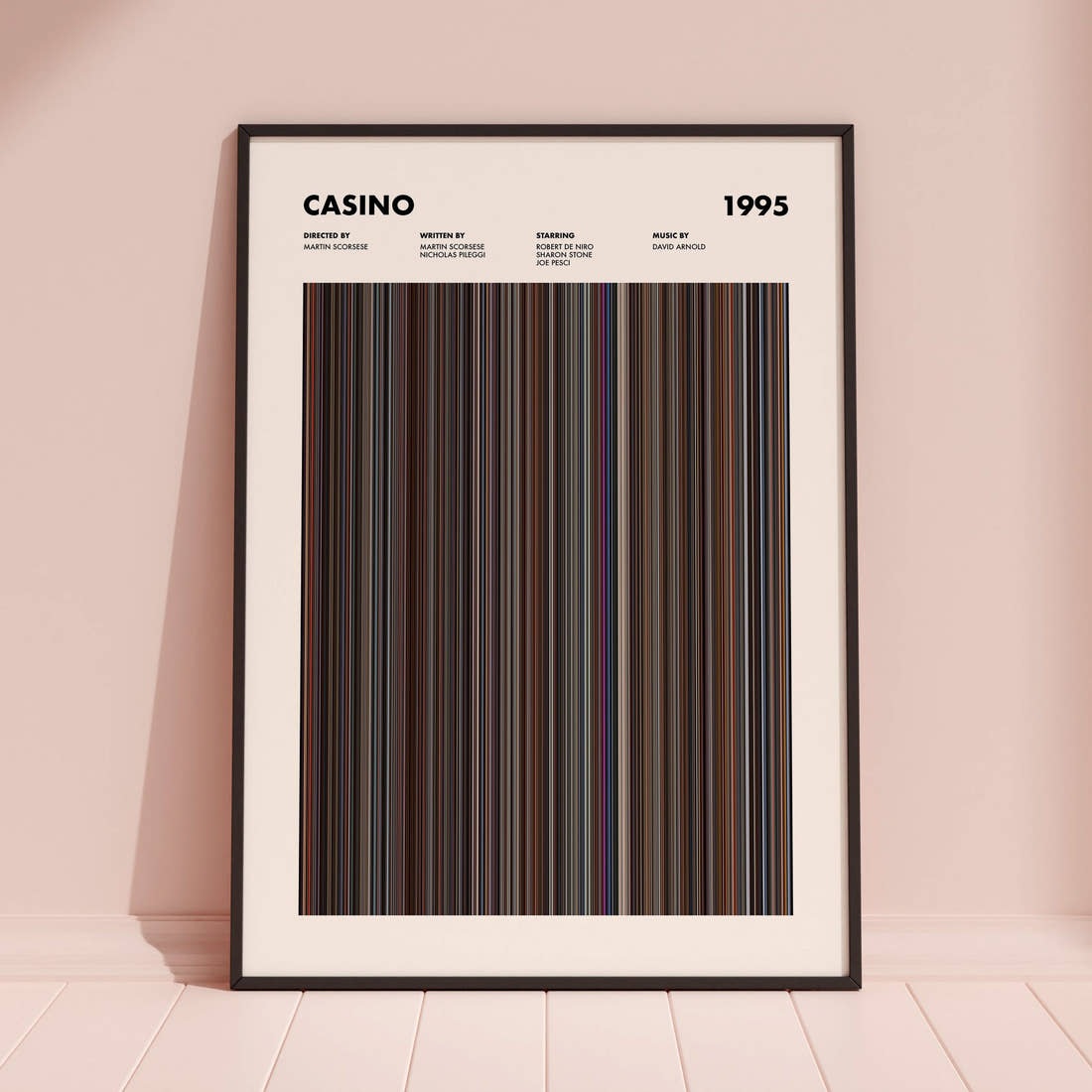 Casino Movie Barcode Poster framed and leaning against a coloured wall