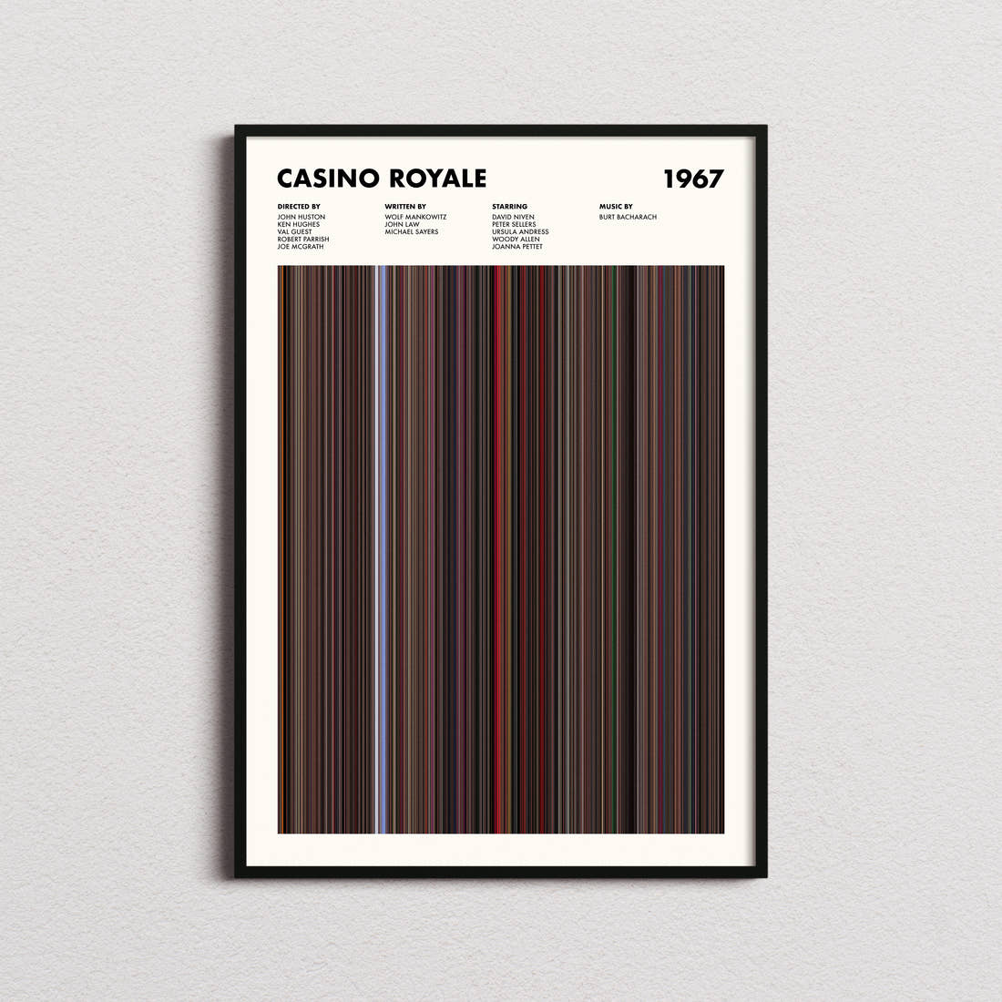 Casino Royale (1967) Movie Barcode Poster framed on a plain studio wall