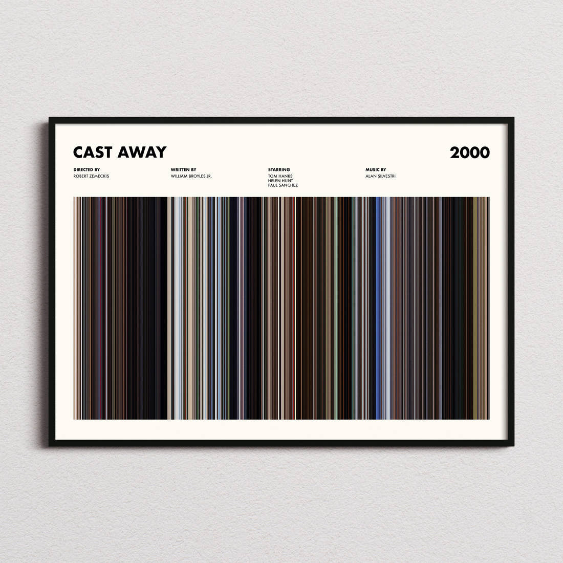 Cast Away Movie Barcode Poster framed and photographed straight on