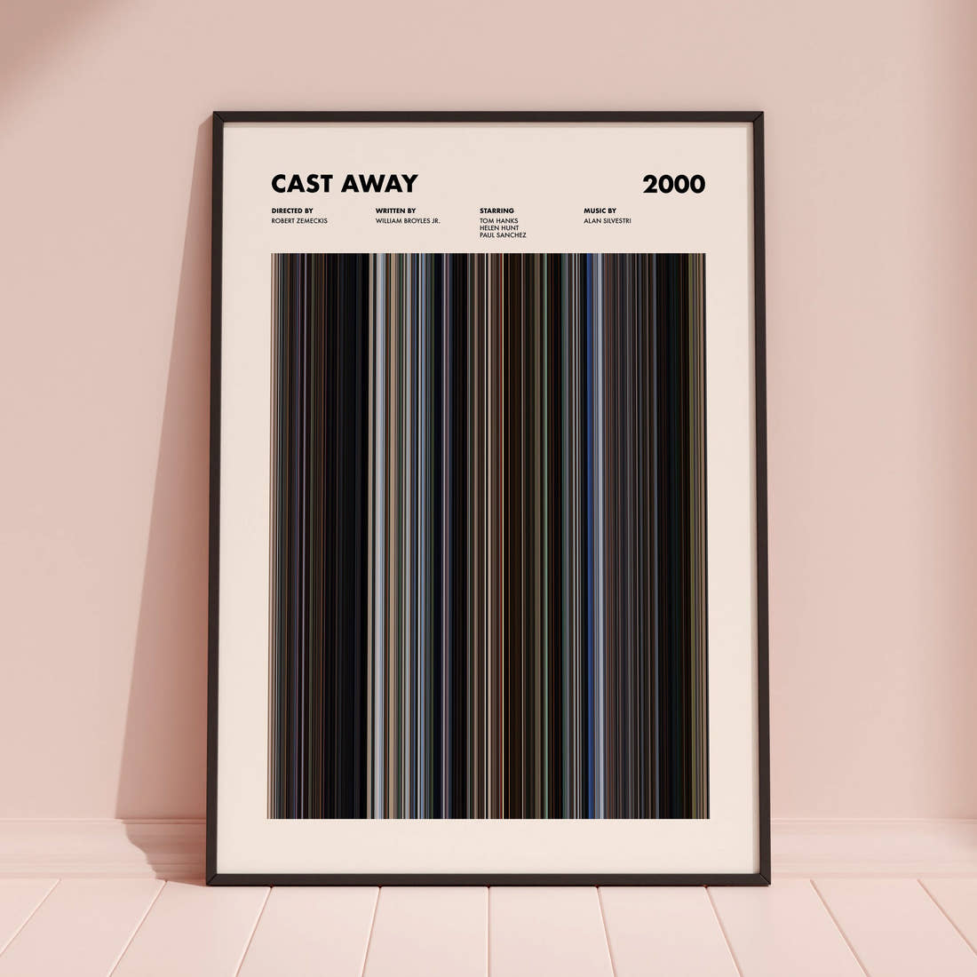 Cast Away Movie Barcode Poster framed and leaning against a coloured wall