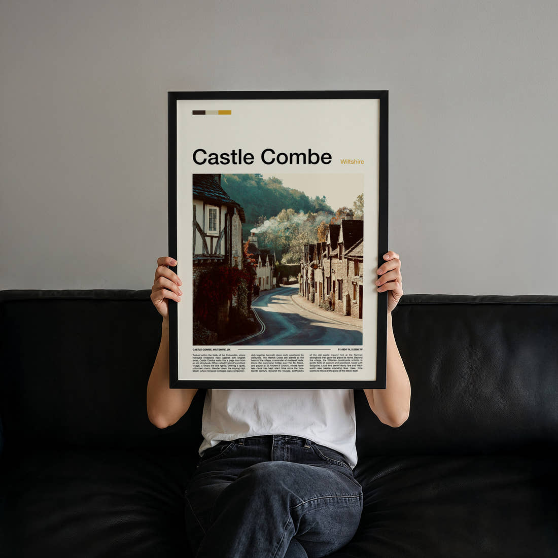 Castle Combe Honey-Stone Village Lane Travel Print held up by hand to show the size of the print
