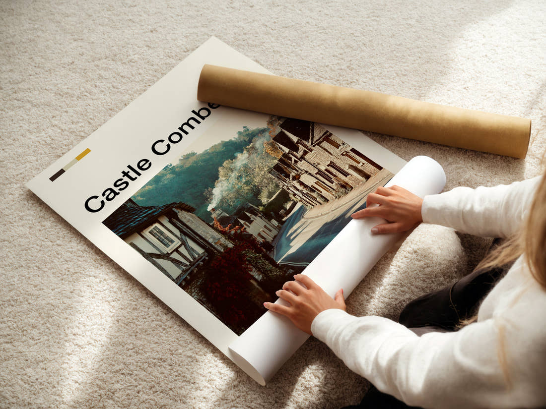 Castle Combe Honey-Stone Village Lane Travel Print being unrolled from its postal tube