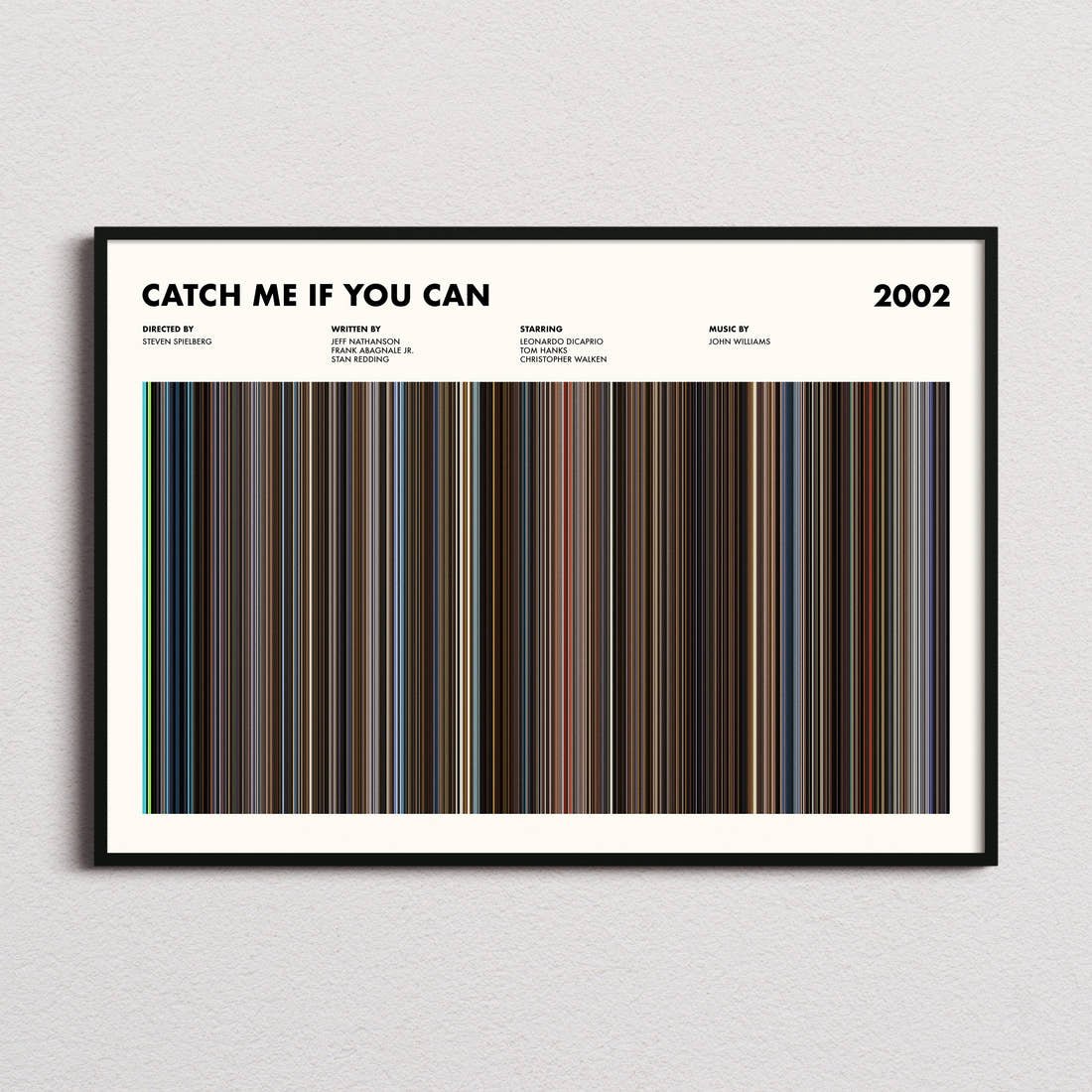 Catch Me If You Can Movie Barcode Poster framed and photographed straight on