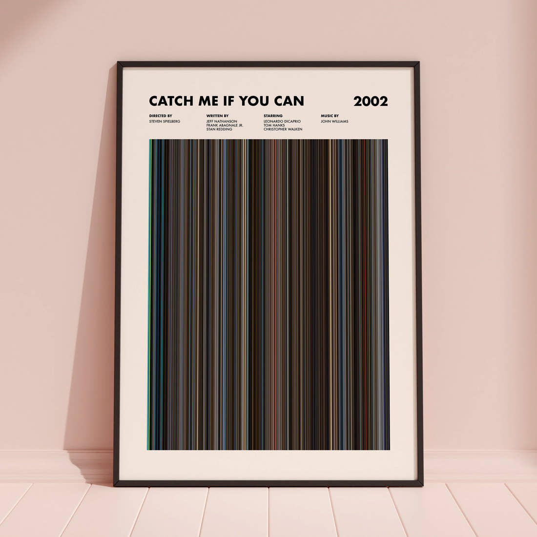 Catch Me If You Can Movie Barcode Poster framed and leaning against a coloured wall
