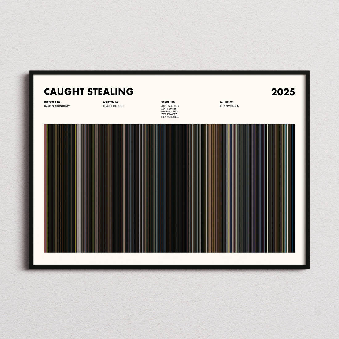 Caught Stealing Movie Barcode Poster framed and photographed straight on
