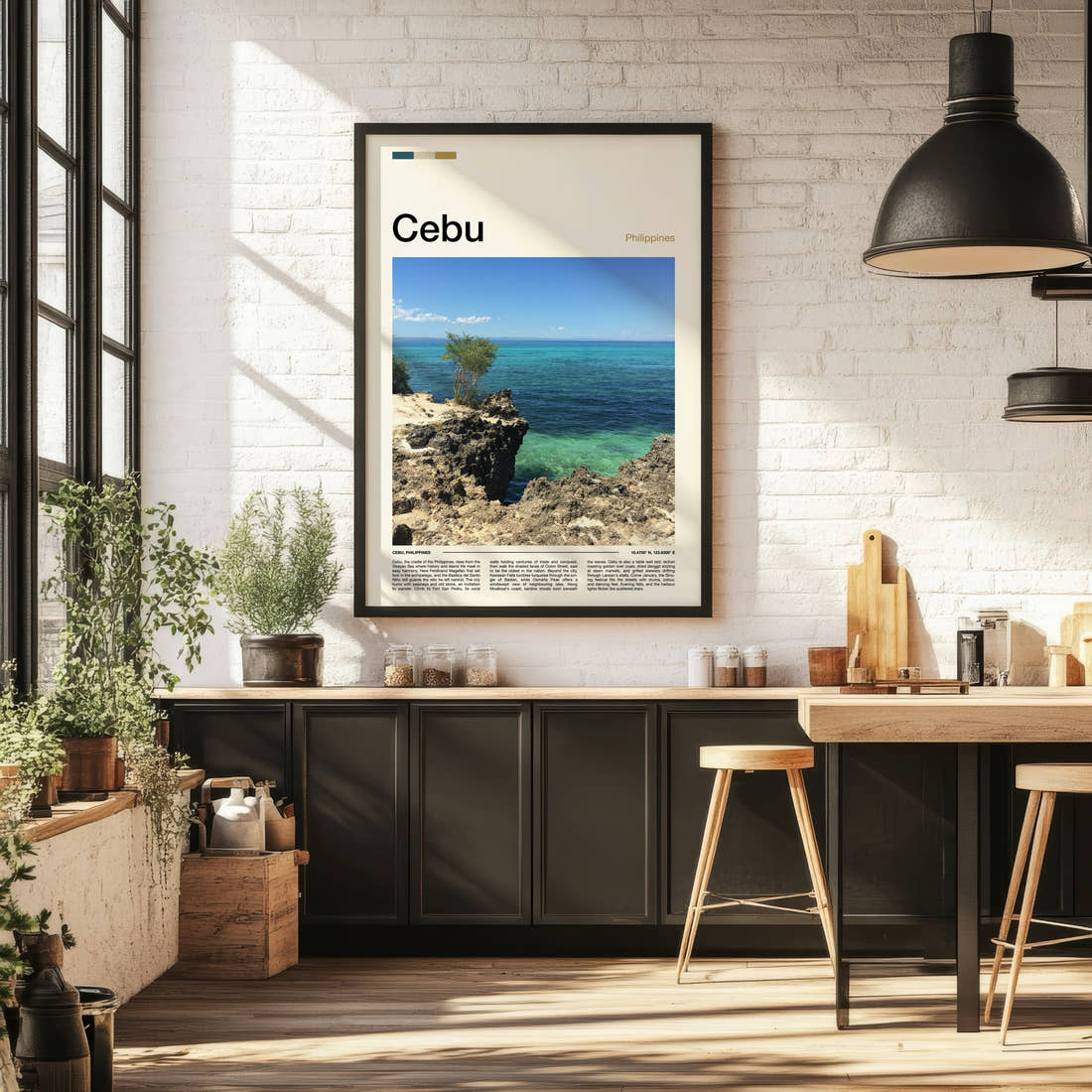 Cebu Rocky Coastal Cliff Travel Print framed on the wall of a bright kitchen and dining space
