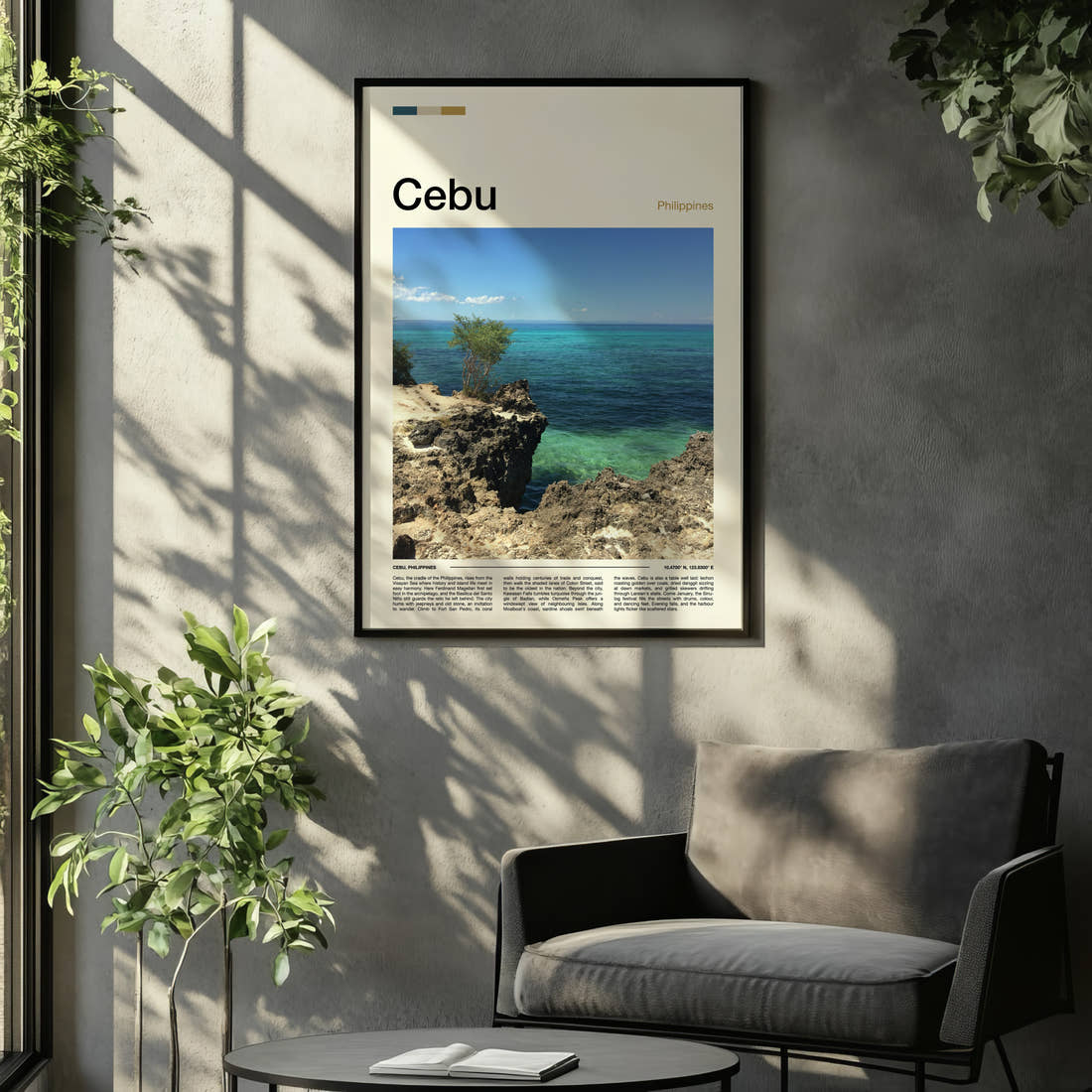 Cebu Rocky Coastal Cliff Travel Print framed on the wall of a relaxed living room
