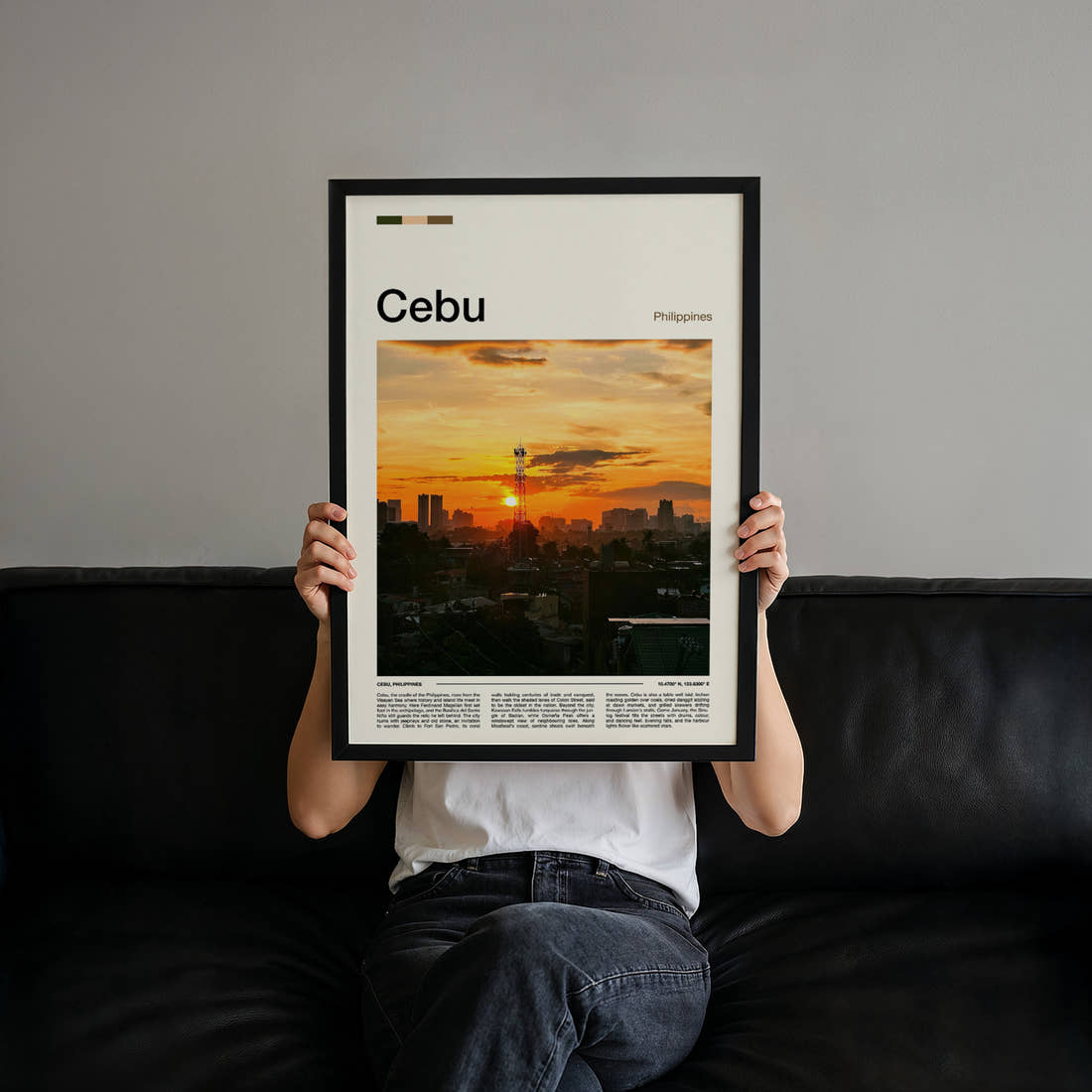 Cebu Sunset City Skyline Travel Print held up by hand to show the size of the print
