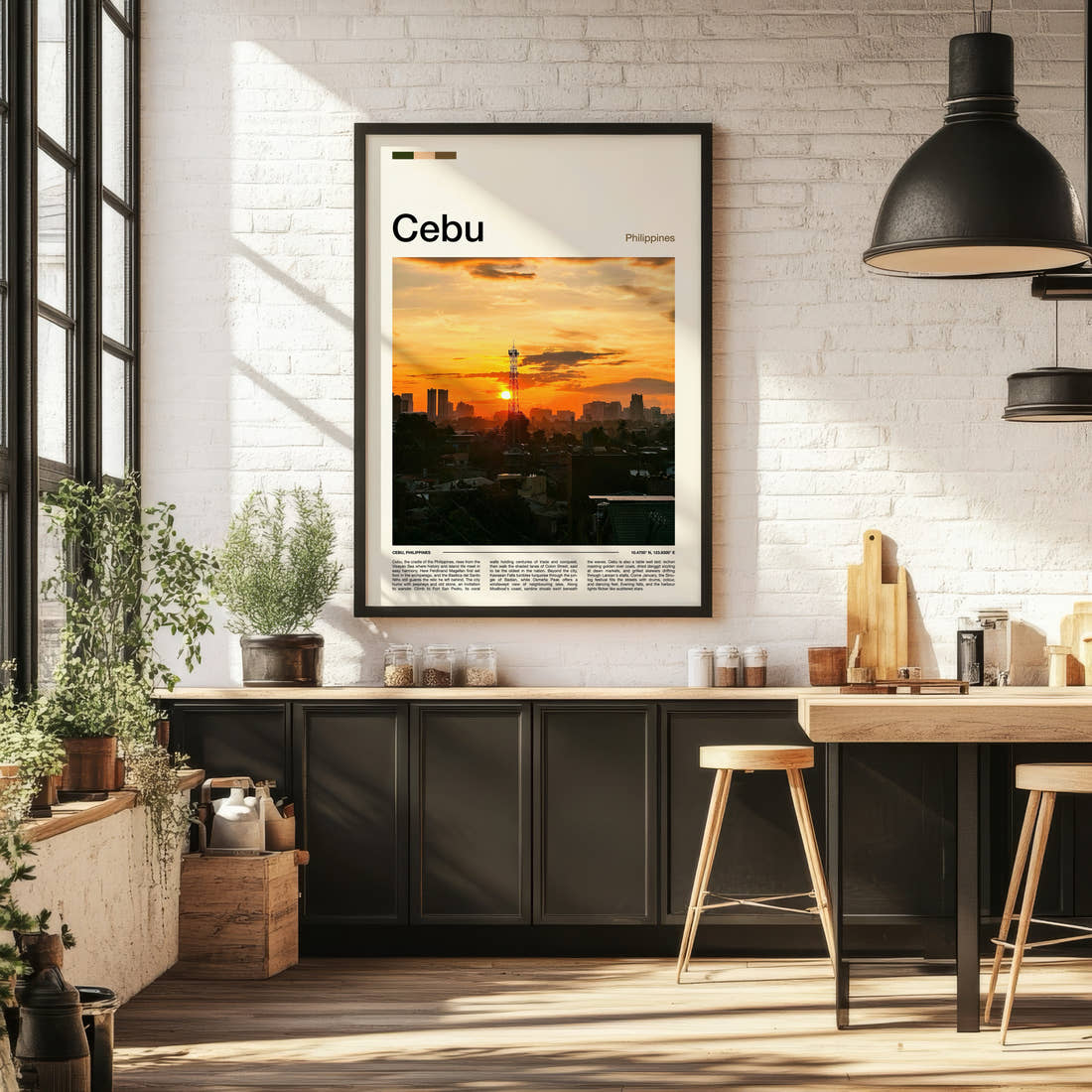 Cebu Sunset City Skyline Travel Print framed on the wall of a bright kitchen and dining space