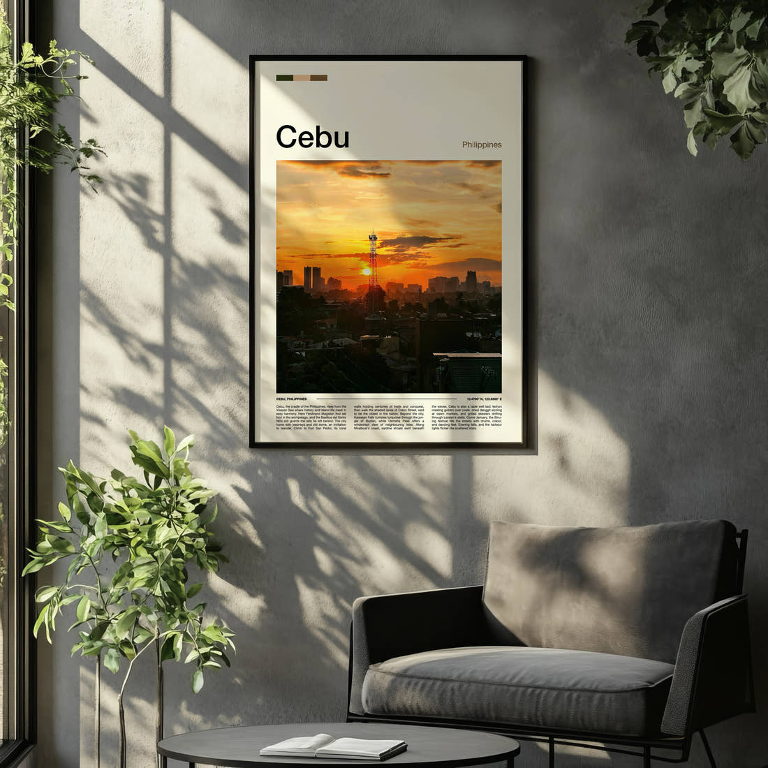 Cebu Sunset City Skyline Travel Print framed on the wall of a relaxed living room