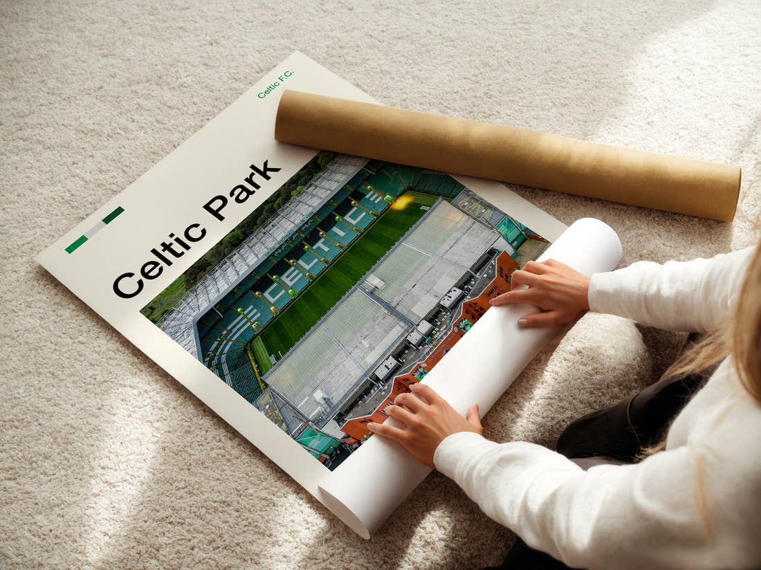 Celtic Park Stadium Print being unrolled from its postal tube
