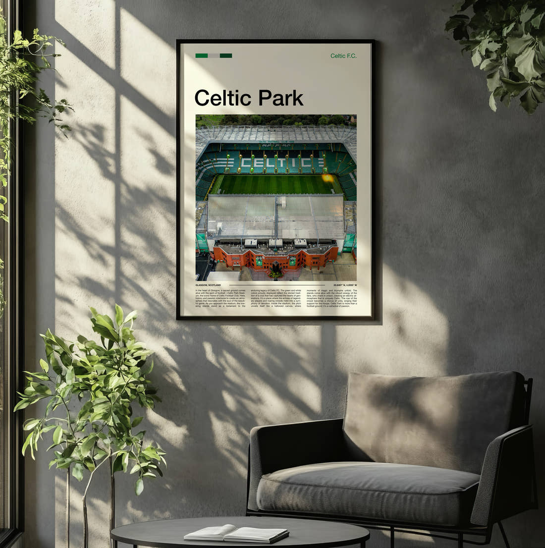 Celtic Park Stadium Print framed on the wall of a relaxed living room