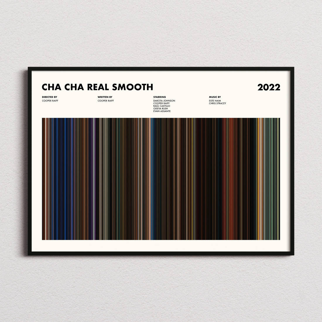 Cha Cha Real Smooth Movie Barcode Poster framed and photographed straight on