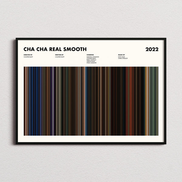Cha Cha Real Smooth Movie Barcode Poster framed and photographed straight on