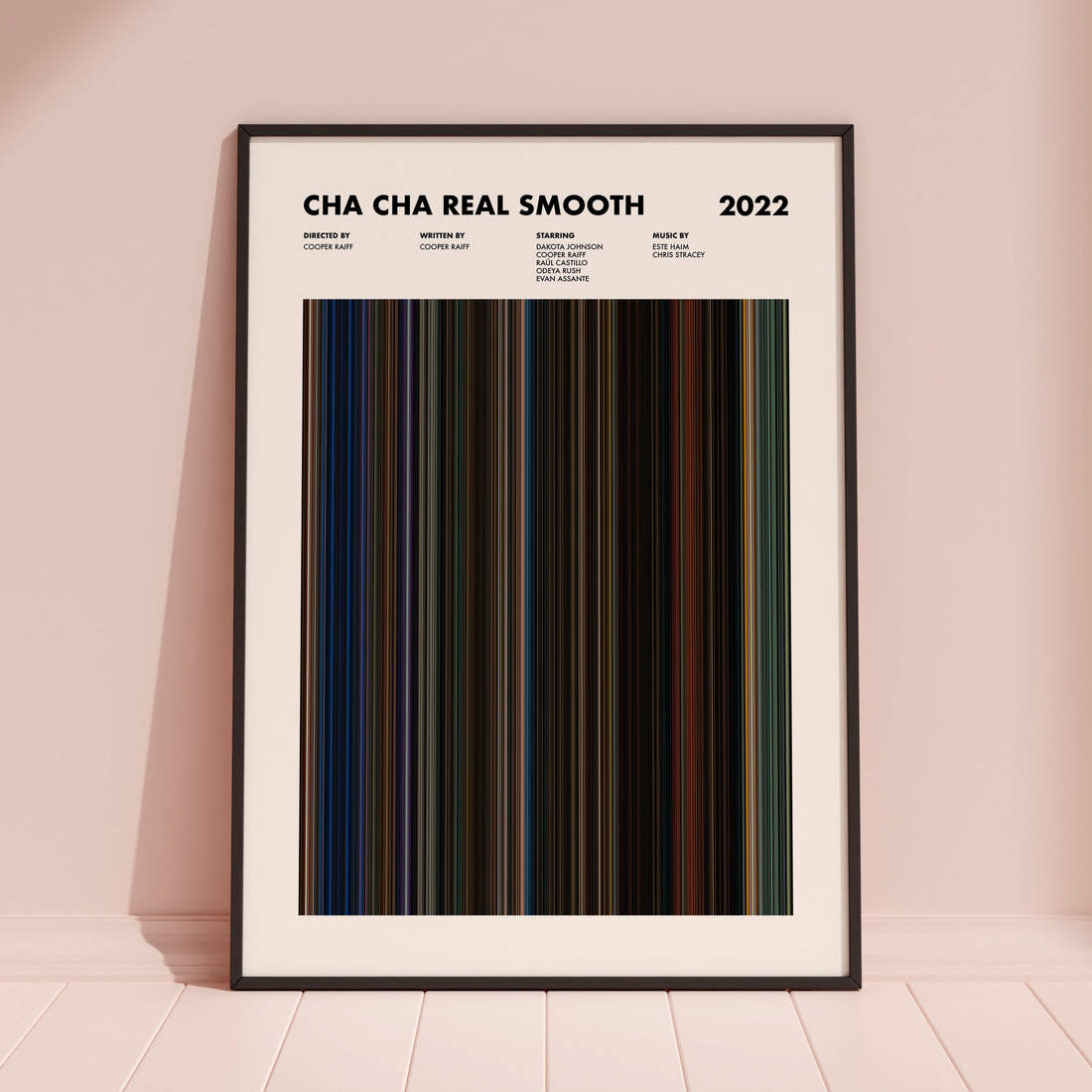 Cha Cha Real Smooth Movie Barcode Poster framed and leaning against a coloured wall